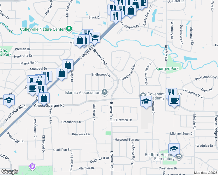 map of restaurants, bars, coffee shops, grocery stores, and more near 4098 Coachman Lane in Colleyville