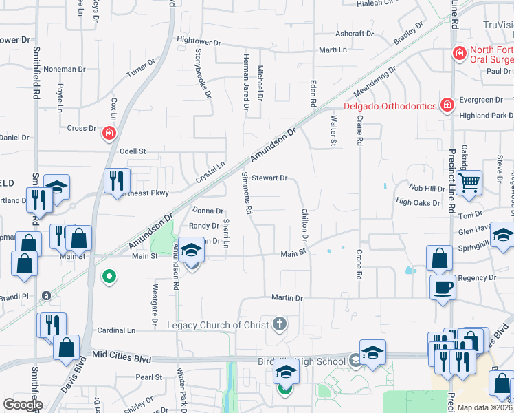 map of restaurants, bars, coffee shops, grocery stores, and more near 8700 Irongate Drive in Fort Worth