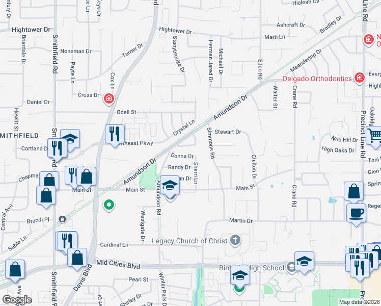 map of restaurants, bars, coffee shops, grocery stores, and more near 8441 Donna Drive in Fort Worth