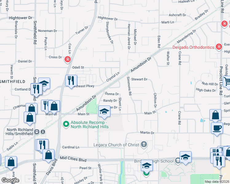 map of restaurants, bars, coffee shops, grocery stores, and more near 8416 Donna Drive in Fort Worth