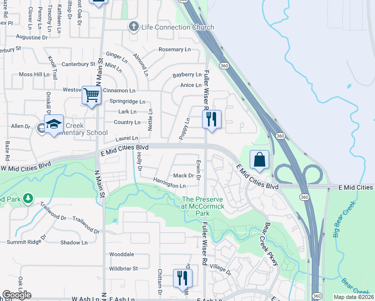 map of restaurants, bars, coffee shops, grocery stores, and more near 509 Holliday Lane in Euless
