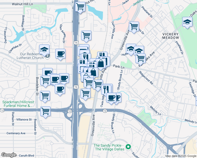 map of restaurants, bars, coffee shops, grocery stores, and more near 6833 Greenville Avenue in Dallas