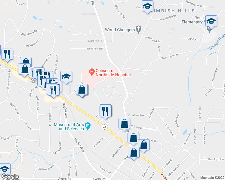 map of restaurants, bars, coffee shops, grocery stores, and more near 444 Forest Hill Road in Macon