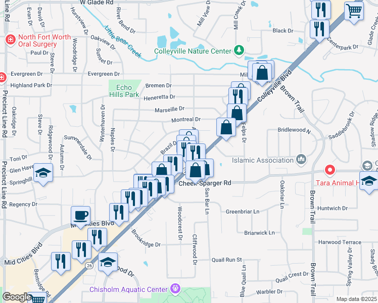 map of restaurants, bars, coffee shops, grocery stores, and more near 206 Grapevine Highway in Hurst