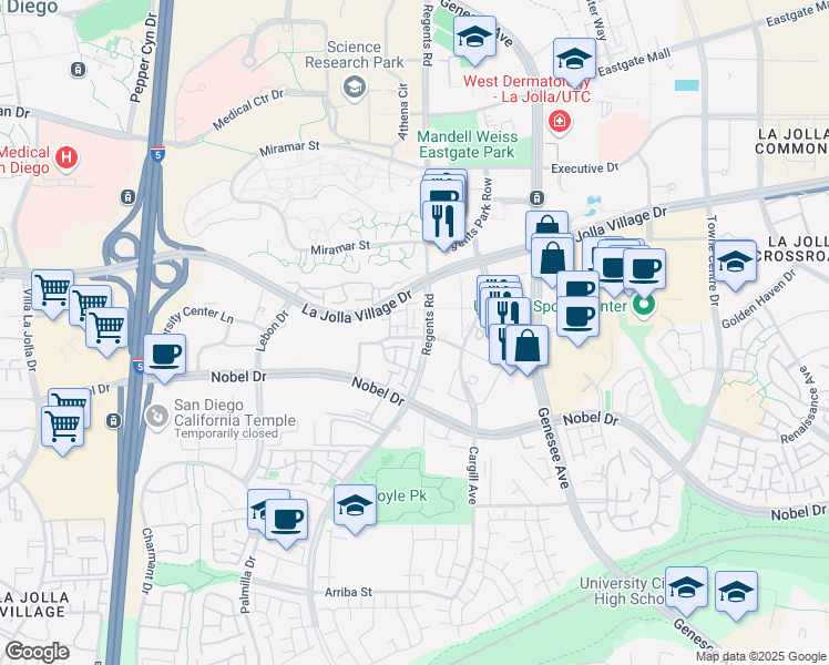 map of restaurants, bars, coffee shops, grocery stores, and more near 4052 Mahaila Avenue in San Diego