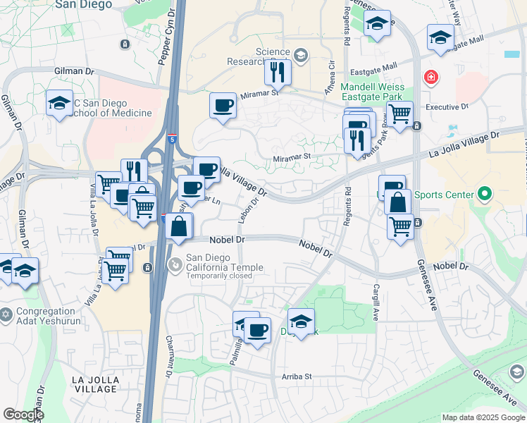map of restaurants, bars, coffee shops, grocery stores, and more near 3880 Nobel Drive in San Diego