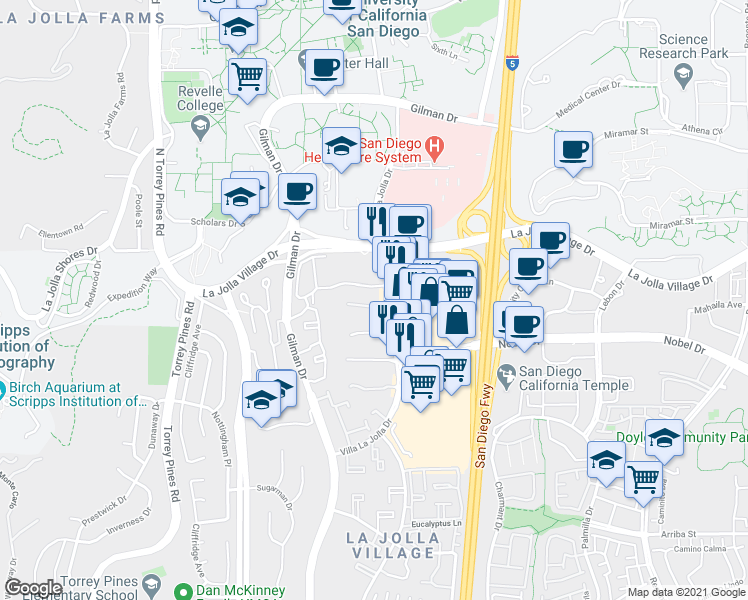 map of restaurants, bars, coffee shops, grocery stores, and more near 8680 Villa La Jolla Drive in San Diego