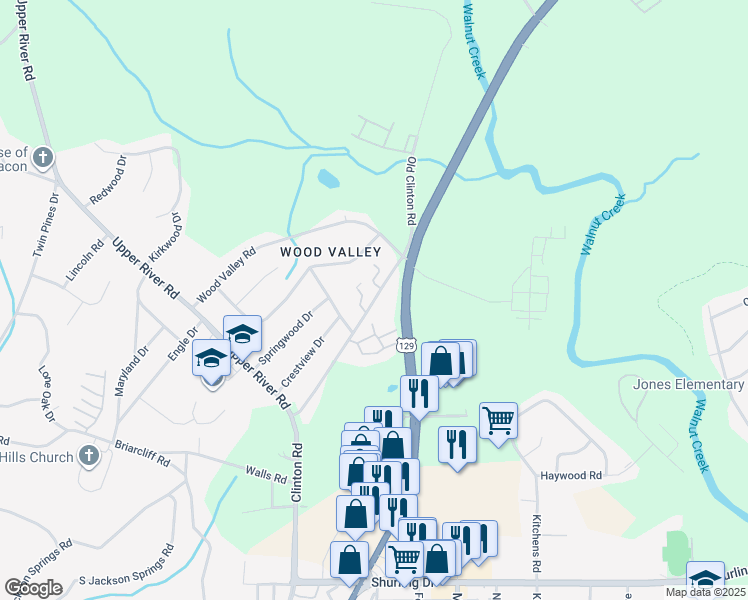 map of restaurants, bars, coffee shops, grocery stores, and more near 1958 Clinton Road in Macon