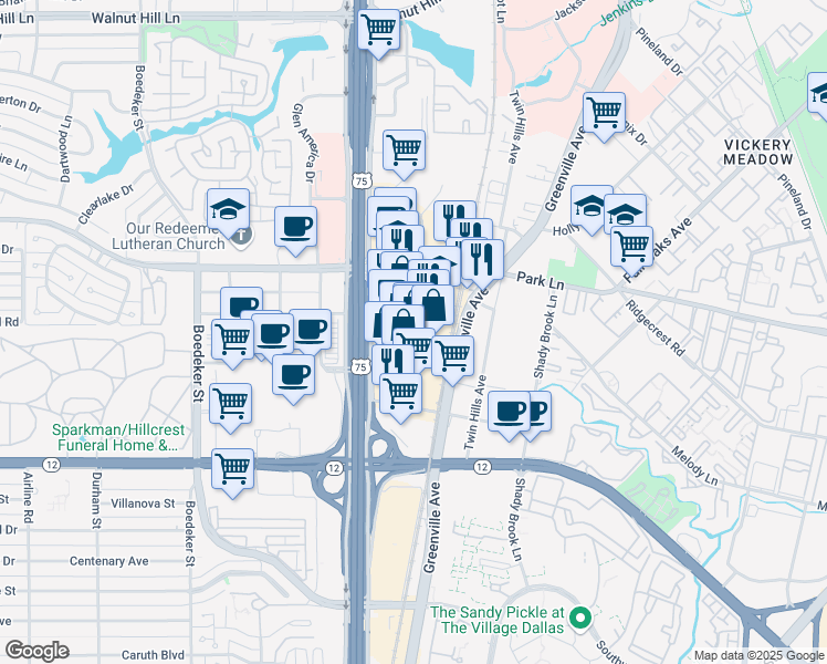 map of restaurants, bars, coffee shops, grocery stores, and more near 8160 Park Lane in Dallas