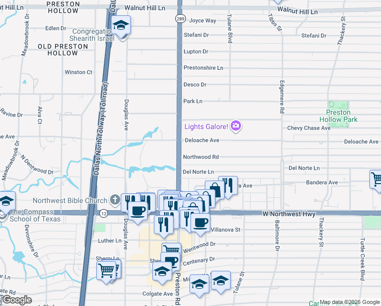 map of restaurants, bars, coffee shops, grocery stores, and more near 6036 Northwood Road in Dallas