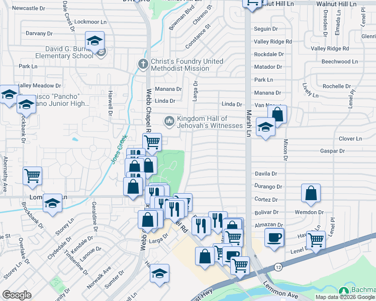 map of restaurants, bars, coffee shops, grocery stores, and more near 3503 Fontana Drive in Dallas