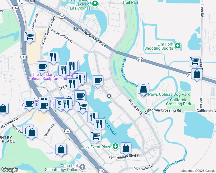 map of restaurants, bars, coffee shops, grocery stores, and more near 652 Dalton Lane in Irving
