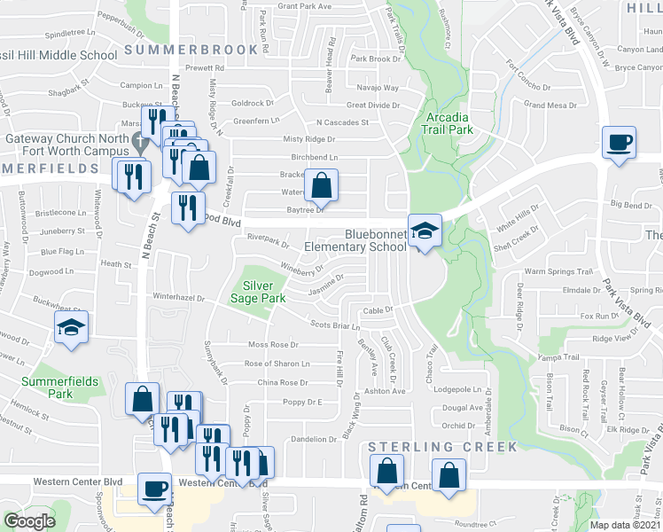 map of restaurants, bars, coffee shops, grocery stores, and more near 4732 Wineberry Drive in Fort Worth