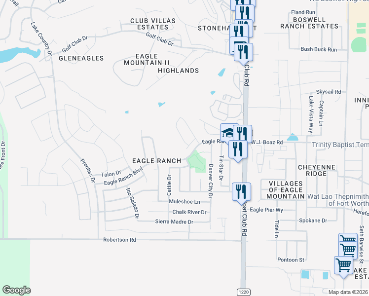 map of restaurants, bars, coffee shops, grocery stores, and more near 3317 Roundup Road in Fort Worth