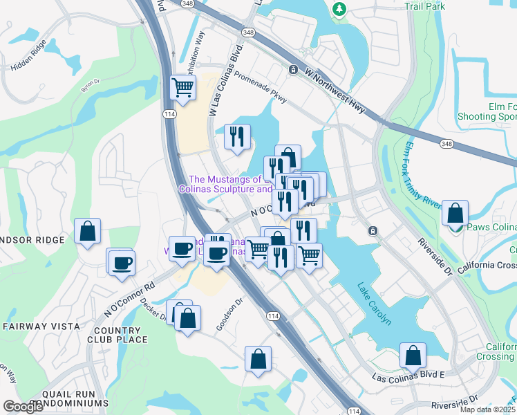 map of restaurants, bars, coffee shops, grocery stores, and more near 5205 North O'Connor Boulevard in Irving