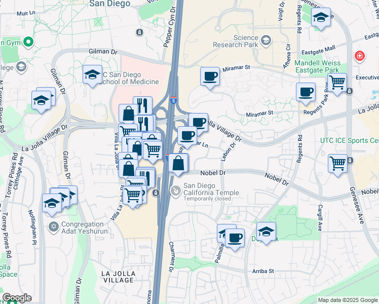 map of restaurants, bars, coffee shops, grocery stores, and more near 3636 Nobel Drive in San Diego