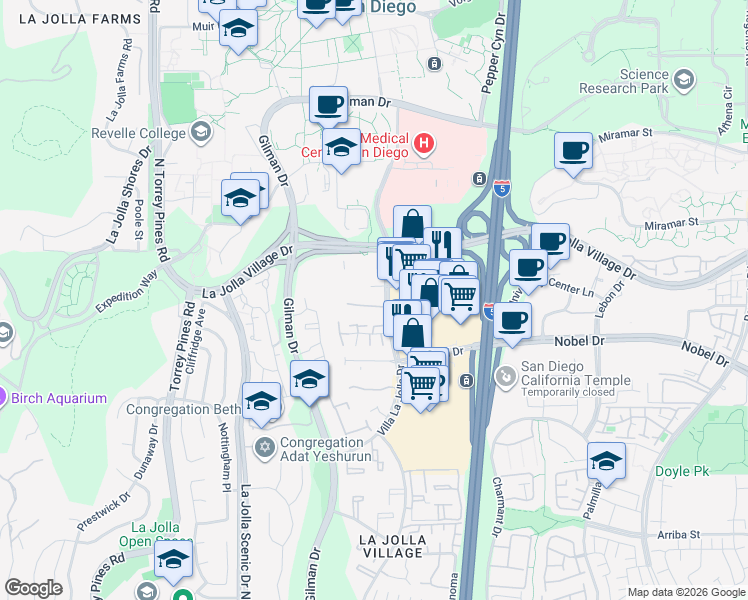 map of restaurants, bars, coffee shops, grocery stores, and more near 8880 Villa La Jolla Drive in San Diego
