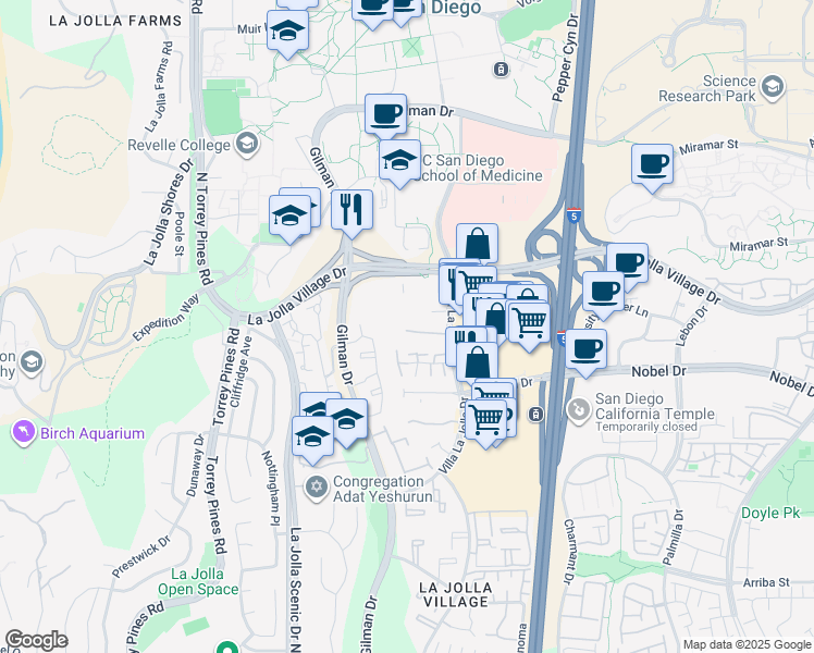 map of restaurants, bars, coffee shops, grocery stores, and more near 8860 Villa La Jolla Drive in San Diego