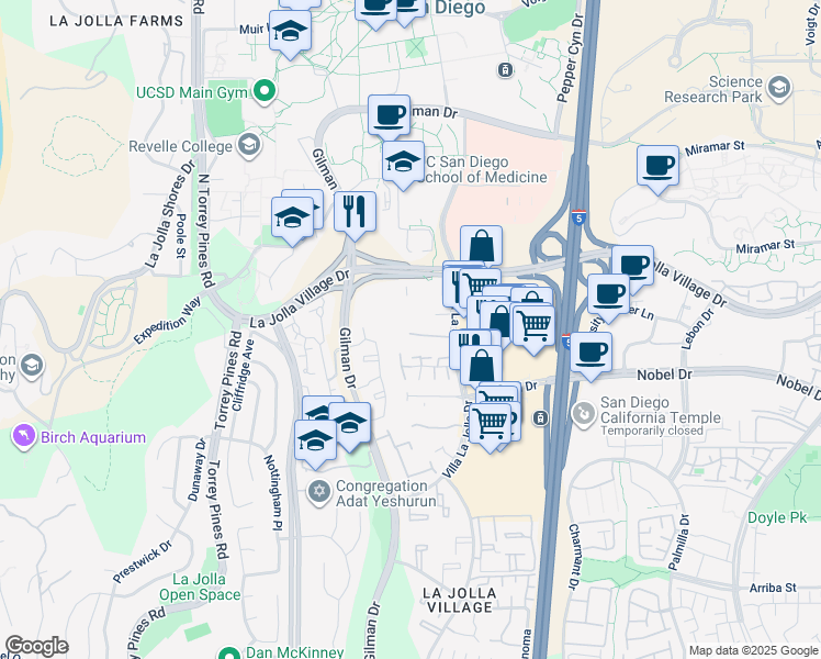 map of restaurants, bars, coffee shops, grocery stores, and more near 8860 Villa La Jolla Drive in San Diego