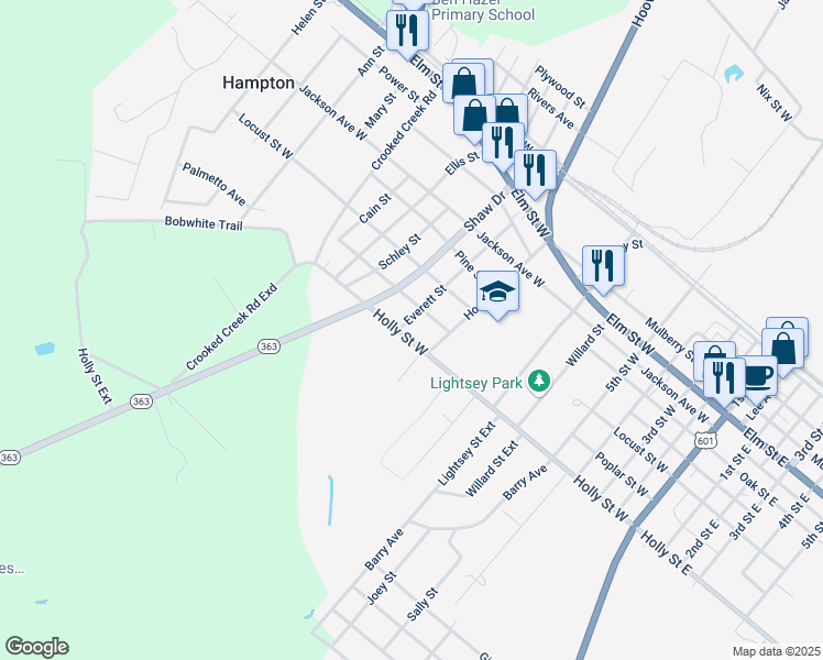 map of restaurants, bars, coffee shops, grocery stores, and more near 507 Everett Street in Hampton