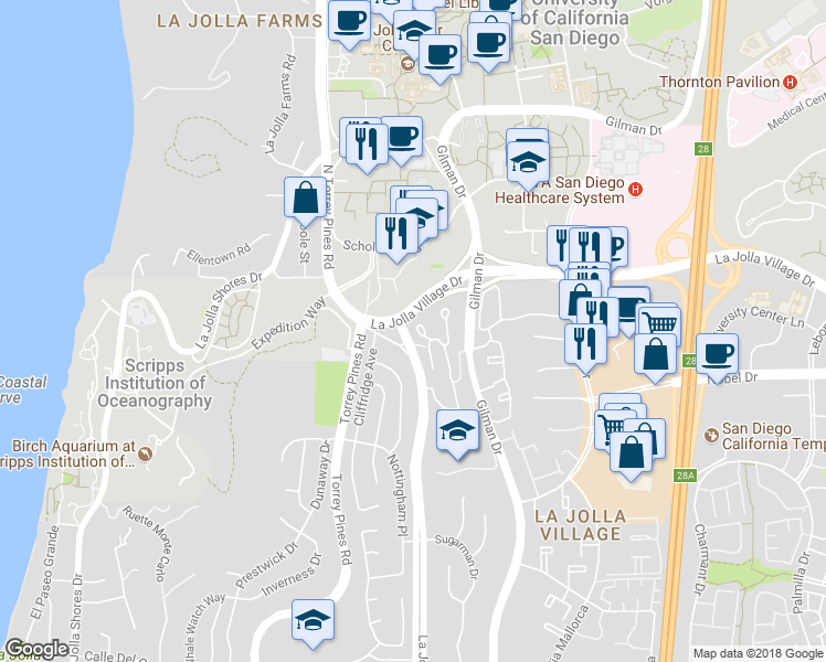 map of restaurants, bars, coffee shops, grocery stores, and more near 8964 Caminito Verano in La Jolla