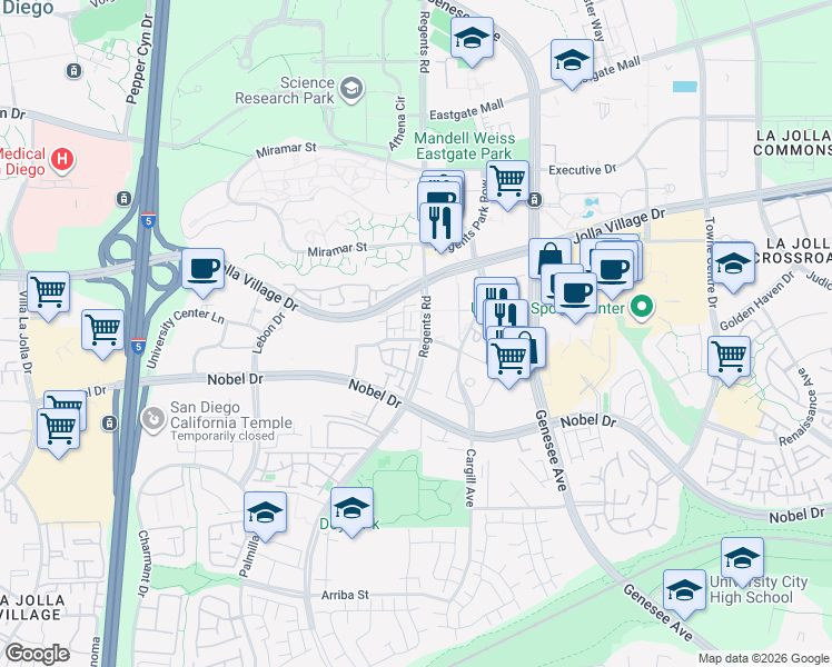 map of restaurants, bars, coffee shops, grocery stores, and more near 4052 Mahaila Avenue in San Diego