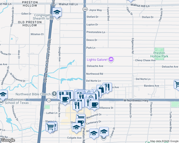 map of restaurants, bars, coffee shops, grocery stores, and more near 6036 Northwood Road in Dallas