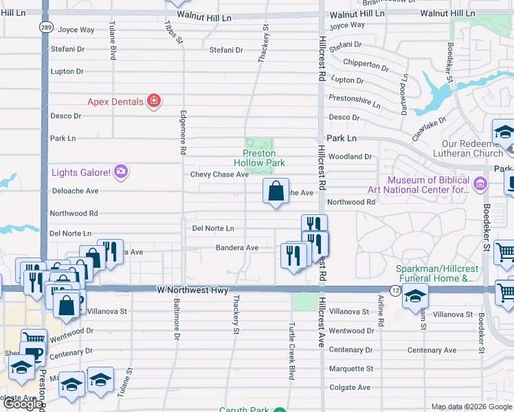 map of restaurants, bars, coffee shops, grocery stores, and more near 6620 Northwood Road in Dallas