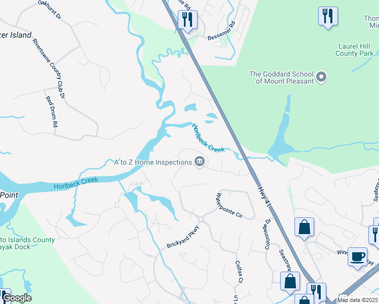 map of restaurants, bars, coffee shops, grocery stores, and more near 1411 Black River Drive in Mount Pleasant