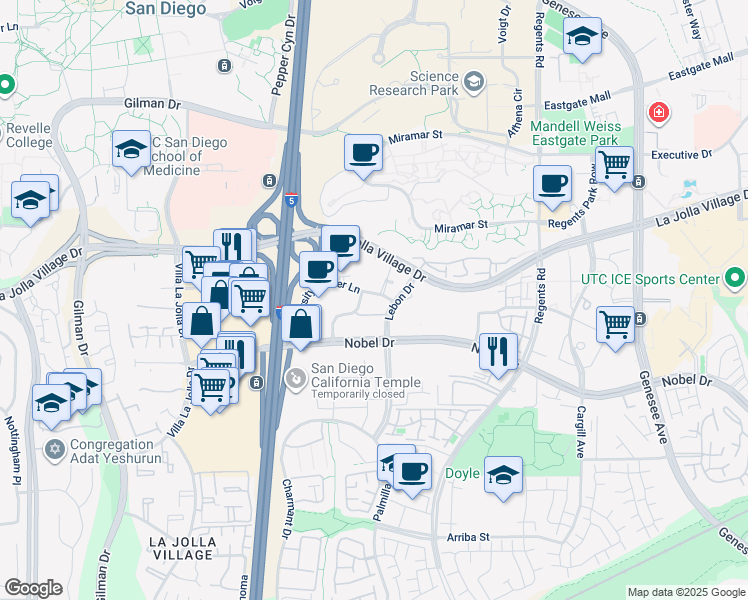 map of restaurants, bars, coffee shops, grocery stores, and more near 3550 Lebon Drive in San Diego