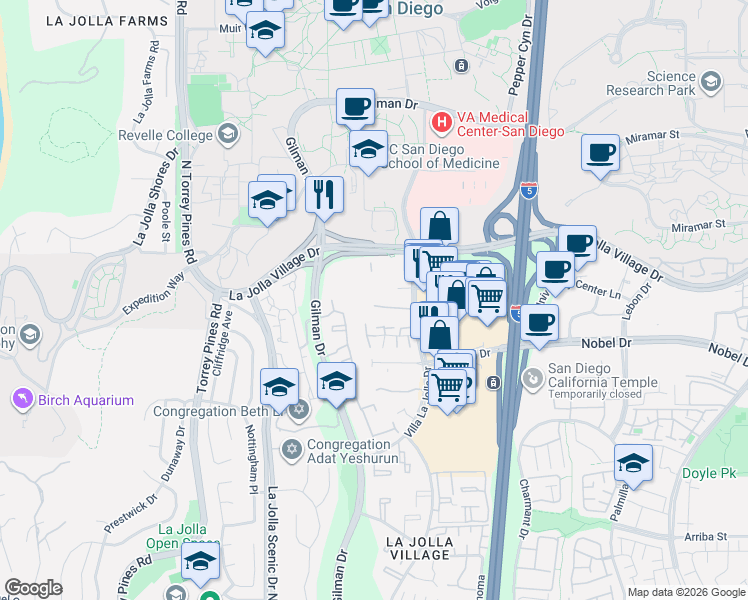 map of restaurants, bars, coffee shops, grocery stores, and more near 8850 Villa La Jolla Drive in San Diego