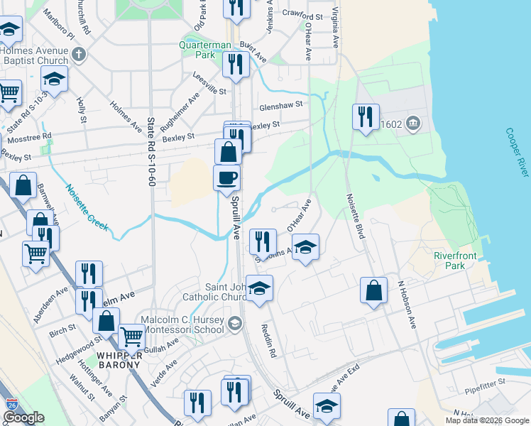 map of restaurants, bars, coffee shops, grocery stores, and more near 1043 Hunley Waters Circle in North Charleston