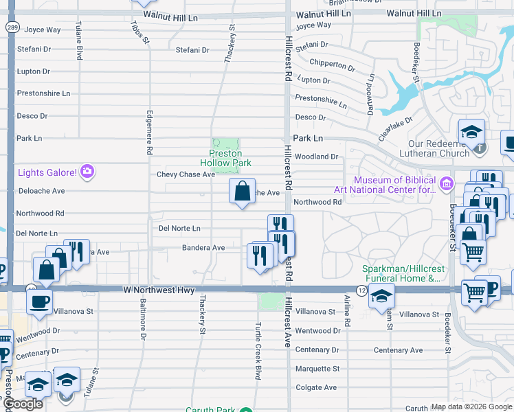 map of restaurants, bars, coffee shops, grocery stores, and more near 6704 Northwood Road in Dallas