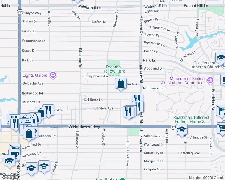 map of restaurants, bars, coffee shops, grocery stores, and more near 6620 Northwood Road in Dallas