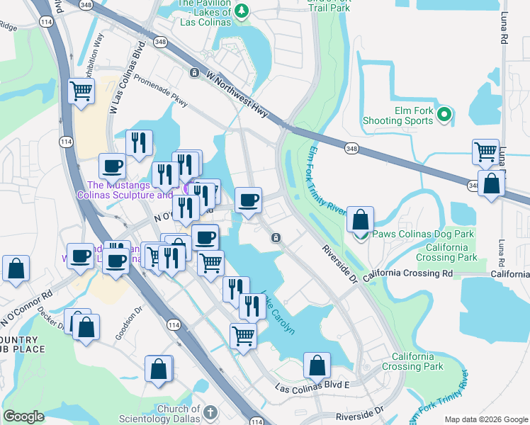 map of restaurants, bars, coffee shops, grocery stores, and more near 5433 Patterson Street in Irving