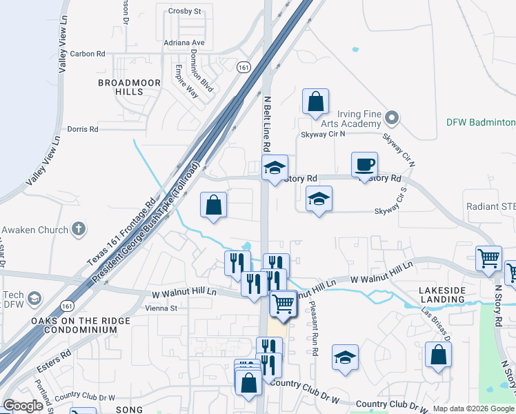 map of restaurants, bars, coffee shops, grocery stores, and more near 4200 North Belt Line Road in Irving