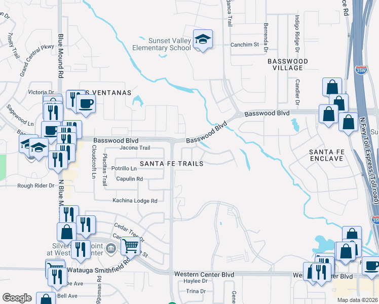 map of restaurants, bars, coffee shops, grocery stores, and more near 7108 Truchas Peak Trail in Fort Worth