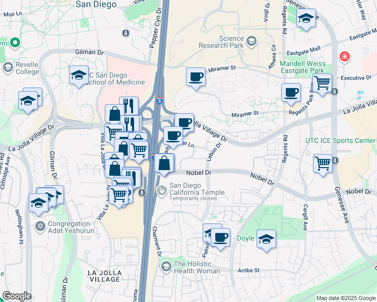 map of restaurants, bars, coffee shops, grocery stores, and more near 8929 Caminito Plaza Centro in San Diego