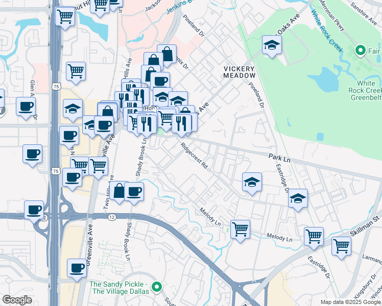 map of restaurants, bars, coffee shops, grocery stores, and more near 6036 Ridgecrest Road in Dallas