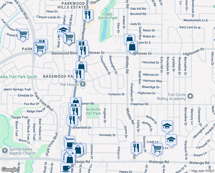 map of restaurants, bars, coffee shops, grocery stores, and more near 6904 Declaration Street in Watauga