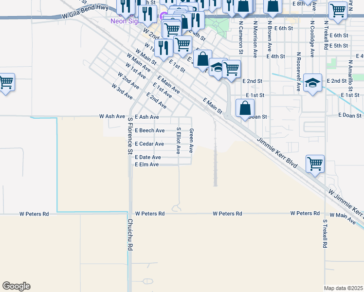 map of restaurants, bars, coffee shops, grocery stores, and more near 305 South Elliot Avenue in Casa Grande