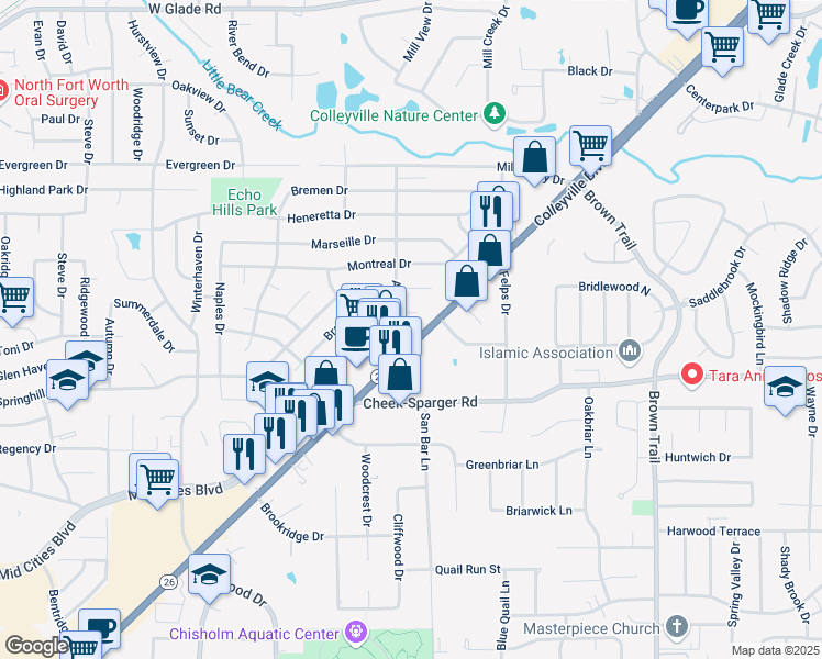 map of restaurants, bars, coffee shops, grocery stores, and more near 206 Grapevine Highway in Hurst