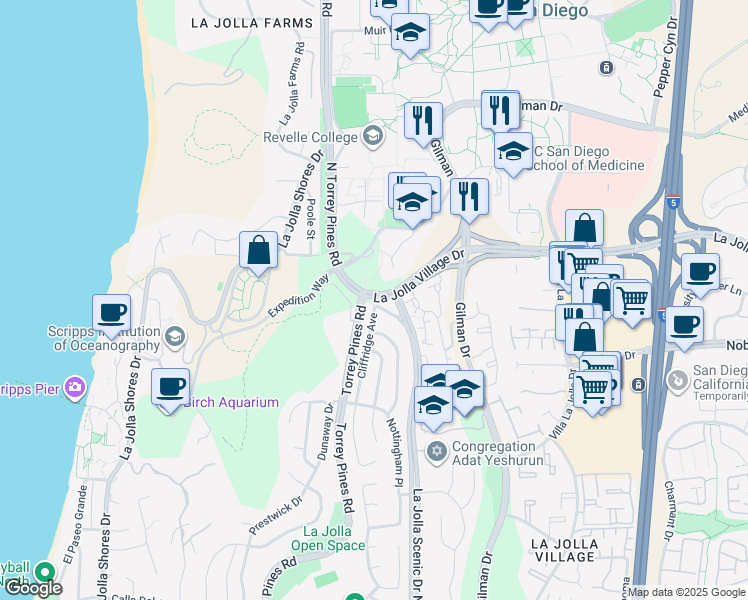 map of restaurants, bars, coffee shops, grocery stores, and more near 8975 Cliffridge Avenue in La Jolla