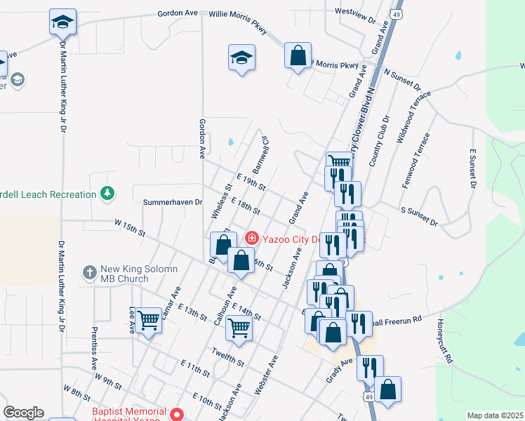 map of restaurants, bars, coffee shops, grocery stores, and more near 1729 Easy Street in Yazoo City