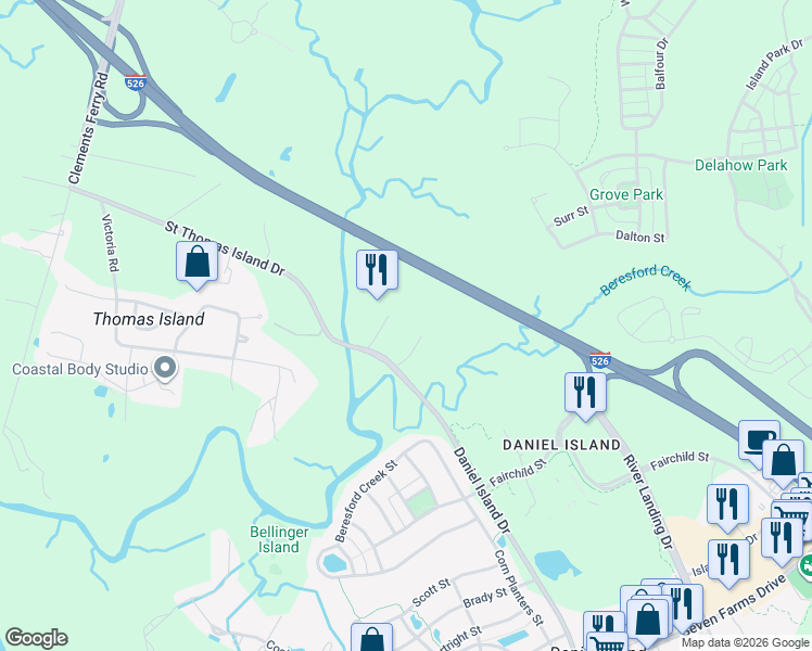 map of restaurants, bars, coffee shops, grocery stores, and more near 1106-1156 Daniel Island Drive in Charleston