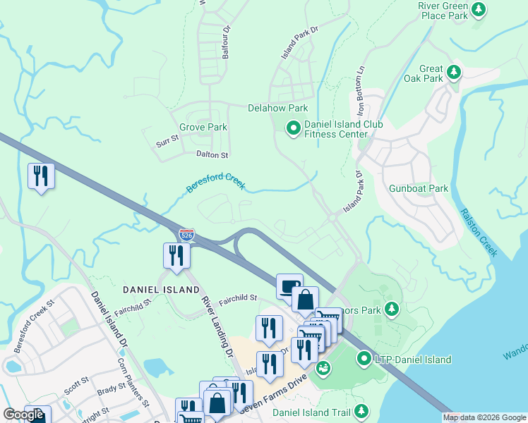 map of restaurants, bars, coffee shops, grocery stores, and more near 580 Robert Daniel Drive in Charleston