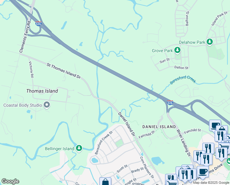 map of restaurants, bars, coffee shops, grocery stores, and more near 1106-1156 Daniel Island Drive in Charleston