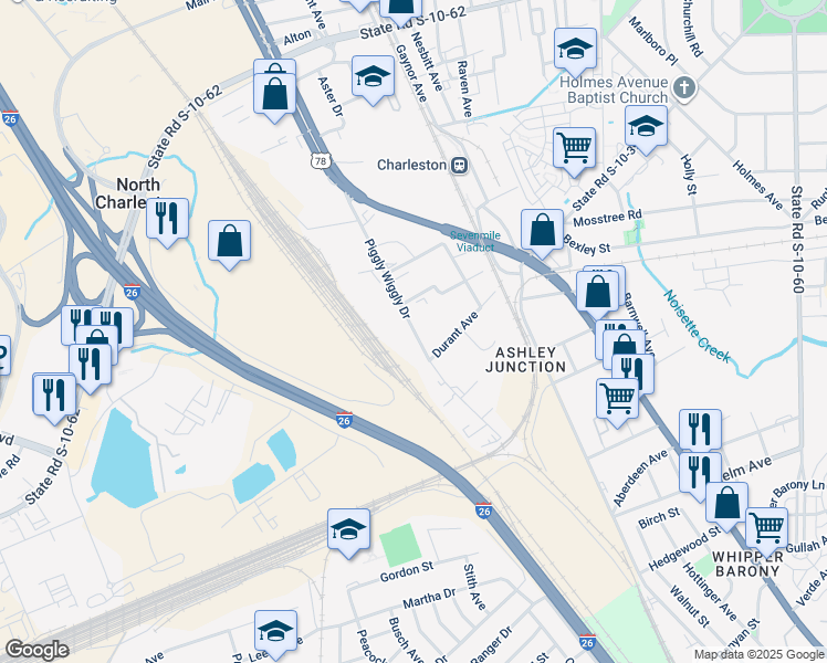 map of restaurants, bars, coffee shops, grocery stores, and more near in Charleston