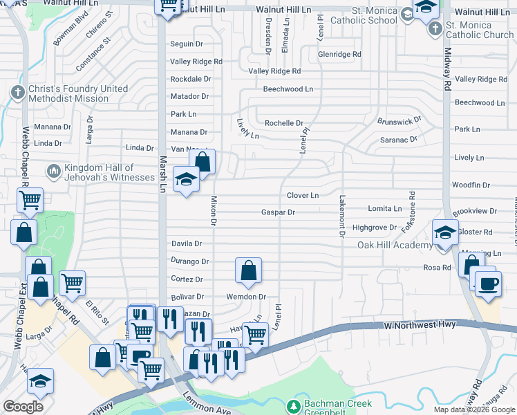 map of restaurants, bars, coffee shops, grocery stores, and more near 3860 Gaspar Drive in Dallas