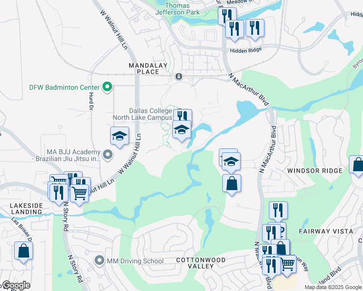 map of restaurants, bars, coffee shops, grocery stores, and more near 5001 North MacArthur Boulevard in Irving